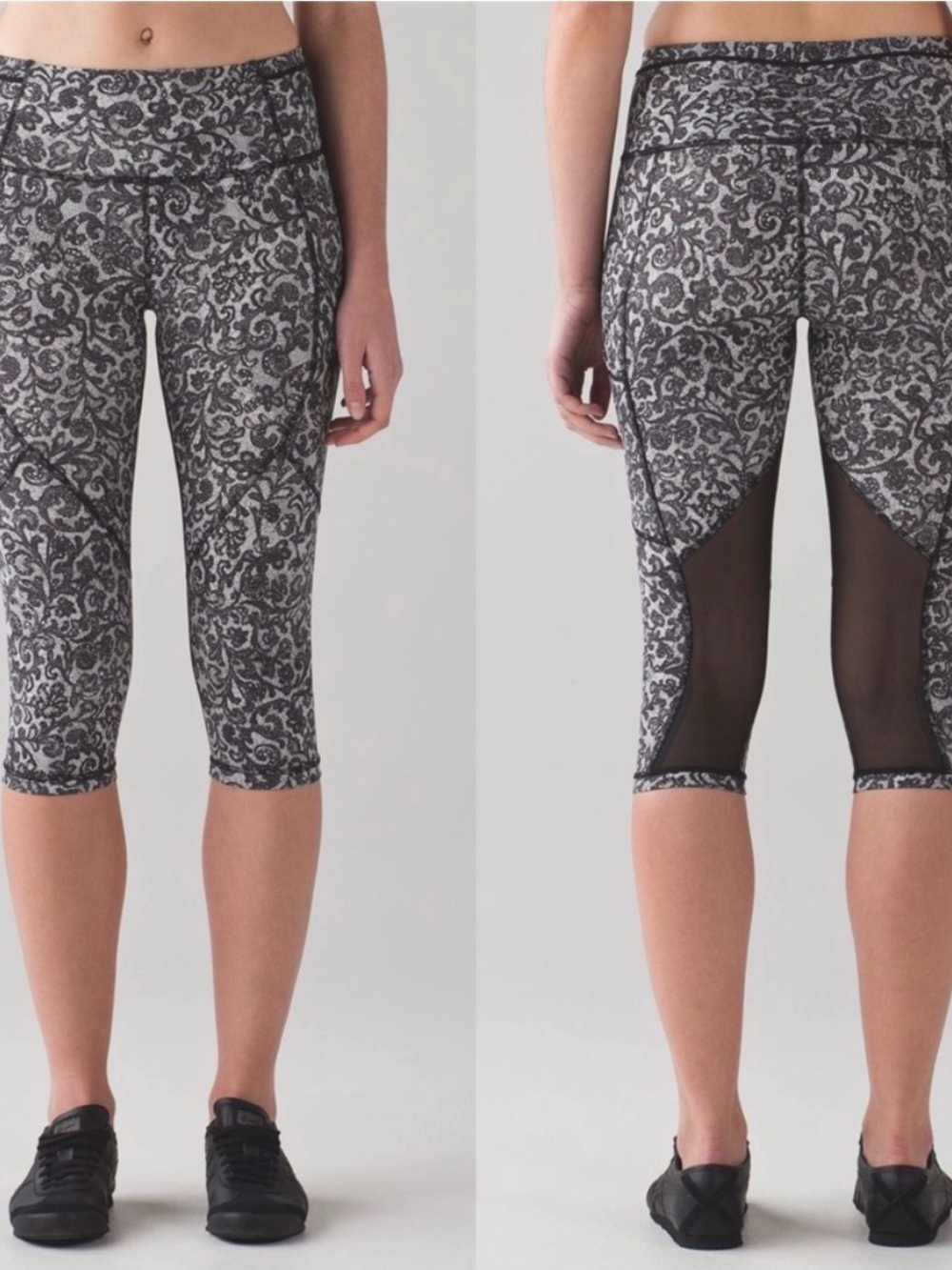 lululemon athletica Black & White Patterned Cropped Leggings with Mesh Panels